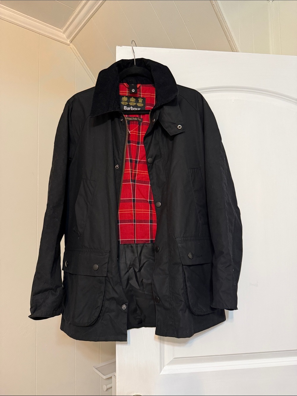 Barbour Black Waxed Jacket with Red Tartan Lining